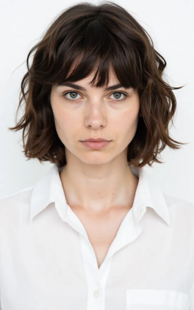A French female model with Shaggy hair, wearing a shirt, against a white background, in a front   facing bust portrait